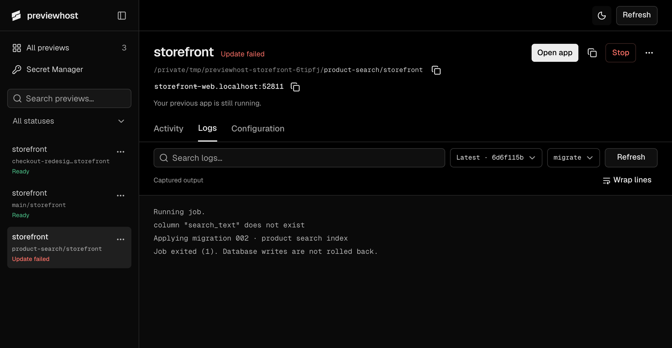 Logs for a failed migration, with attempt, source, and search controls