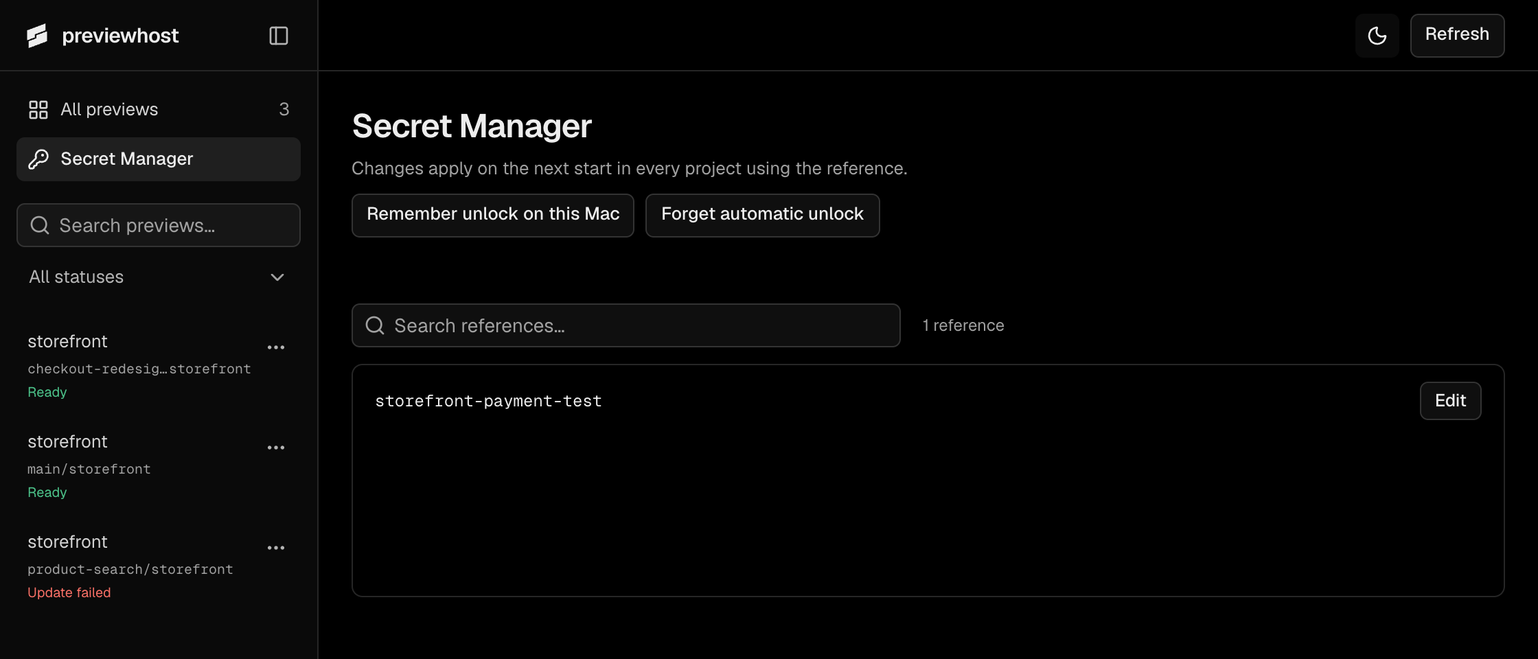 Secret Manager showing stored reference names and automatic unlock controls