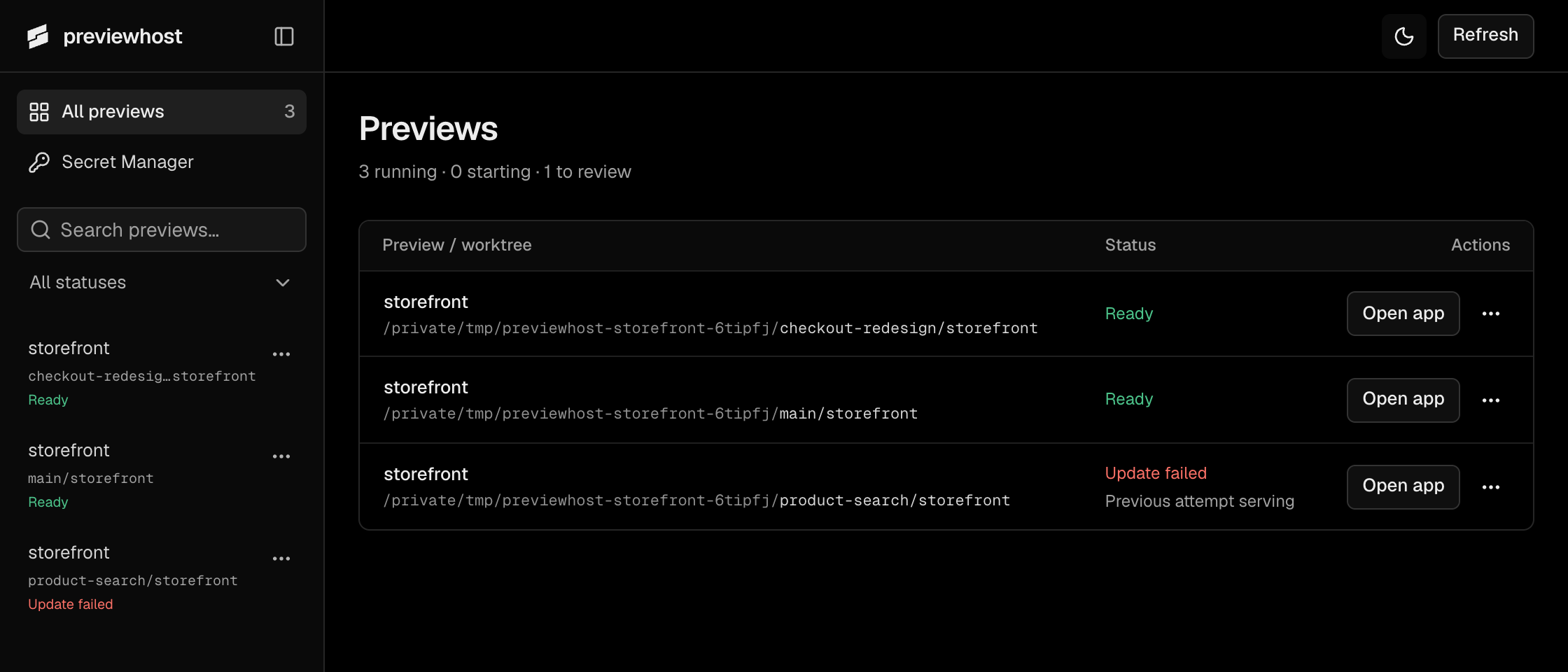 Previewhost dashboard with three Storefront worktrees and their individual preview states